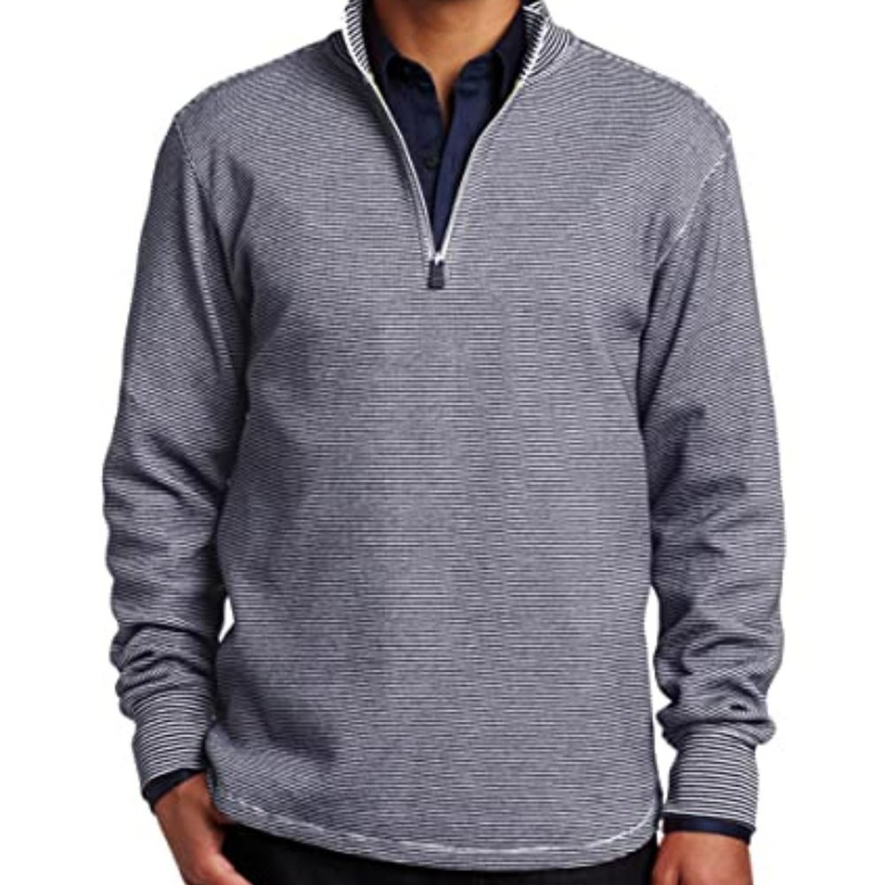 Robert Graham Navy Striped Gunther 1/4 Zip Cotton Sweater - L
